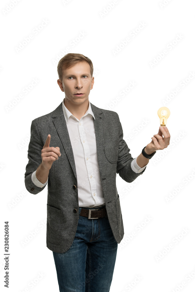 Emotional man in jacket and shirt isolated view Emotional man in jacket and shirt isolated view