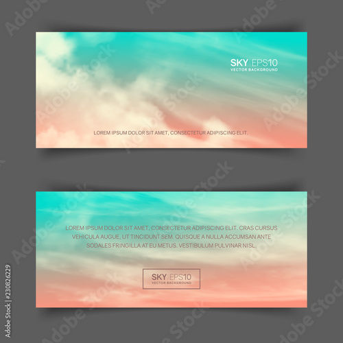 Narrow horizontal vector banners with realistic pink-blue sky and cumulus clouds. The image can be used to design a flyer and postcard.