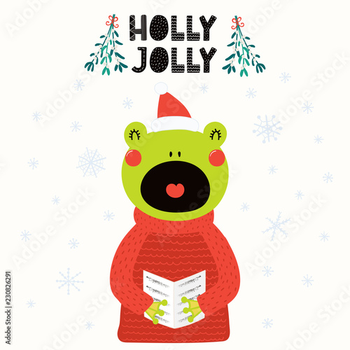 Hand drawn vector illustration of a cute frog in a Santa hat, sweater, singing carols, with text Holly Jolly. Isolated objects on white. Scandinavian style flat design. Concept Christmas card, invite.