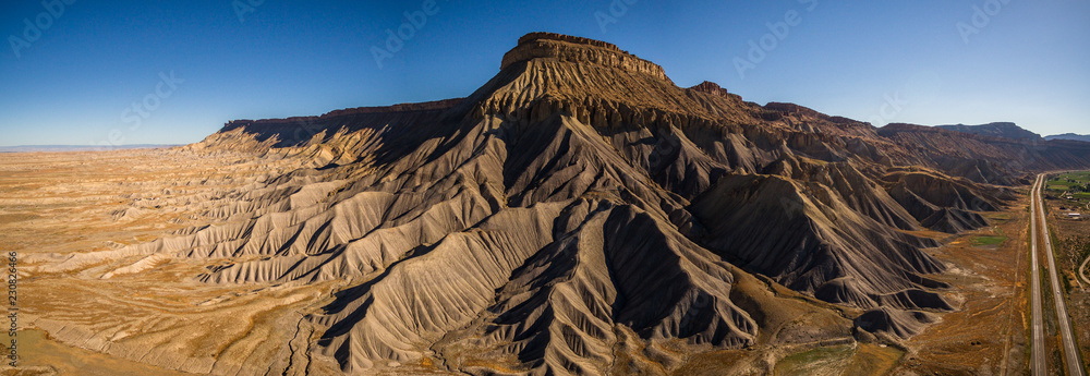 Aerial/Drone Panorama Photo of Mt. Garfield, Near Grand Junction, Colorado. This scenic desert mesa mountain is on the western slope of the Colorado Rocky Mountains.