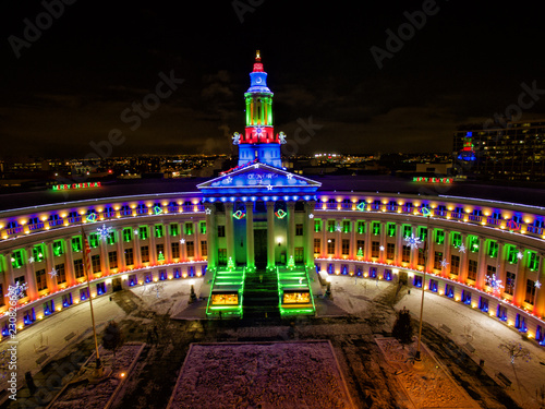 Obraz na płótnie Aerial/Drone photo of Christmas holiday lights on the city of Denver government building. Denver, Colorado w salonie