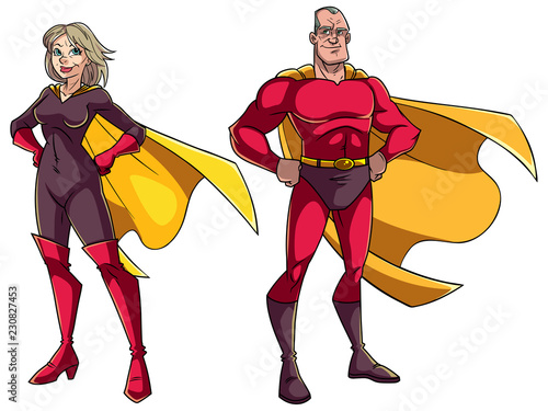 Cartoon illustration of senior superhero couple on white background.