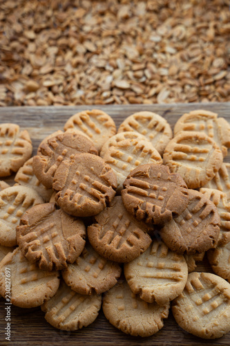 Freshly baked peanut butter cookies on cooling rack. Macro with extremely shallow dof