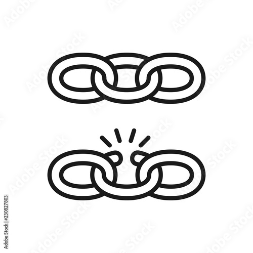 Black isolated outline icon of chain and broken chain on white background. Set of Line Icon of chain. Weak link.