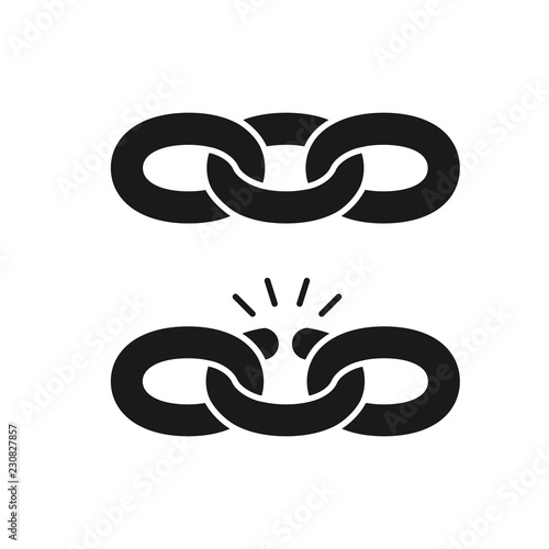 Black isolated icon of chain and broken chain on white background. Set of Silhouette of chain. Weak link. Flat design.