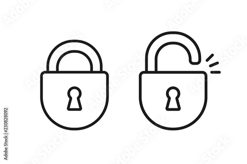 Black isolated outline icon of locked and unlocked lock on white background. Set of Line Icon of padlock. photo
