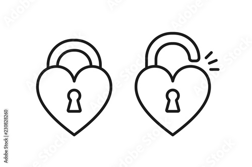 Black isolated outline icon of locked and unlocked heart shape lock on white background. Set of Line Icon of heart shape lock.