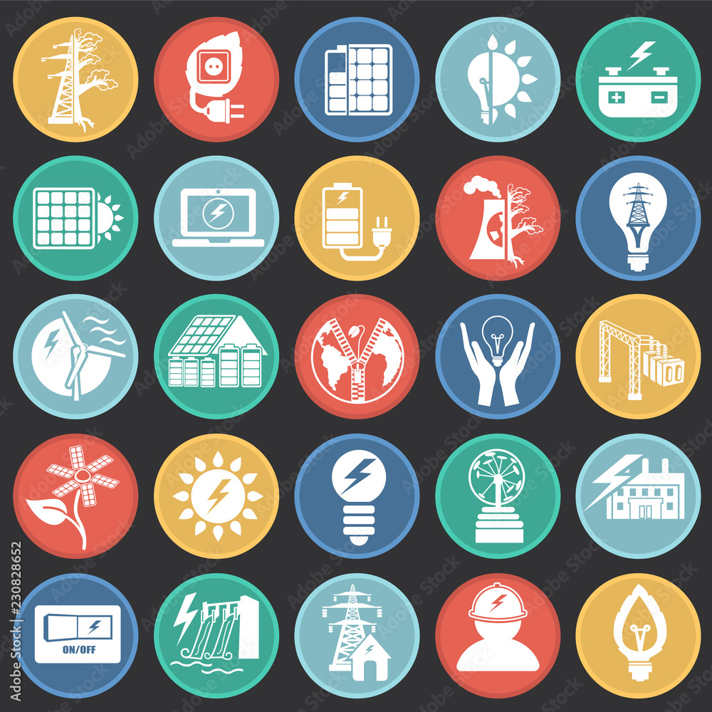 Alternative energy set on color circles black background icons Alternative energy set on color circles black background icons