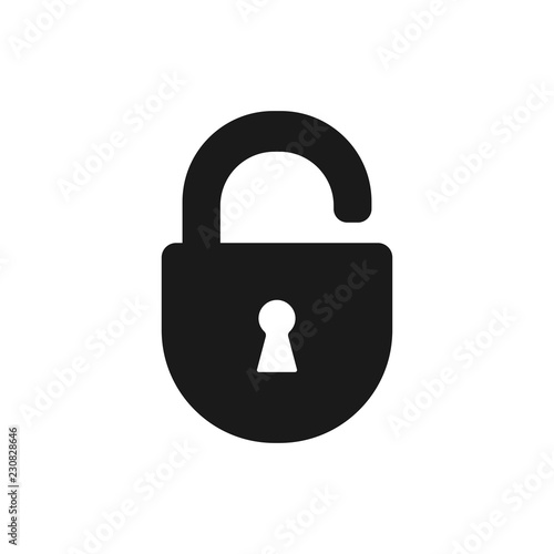Black isolated icon of unlocked lock on white background. Silhouette of unlocked padlock Flat design.