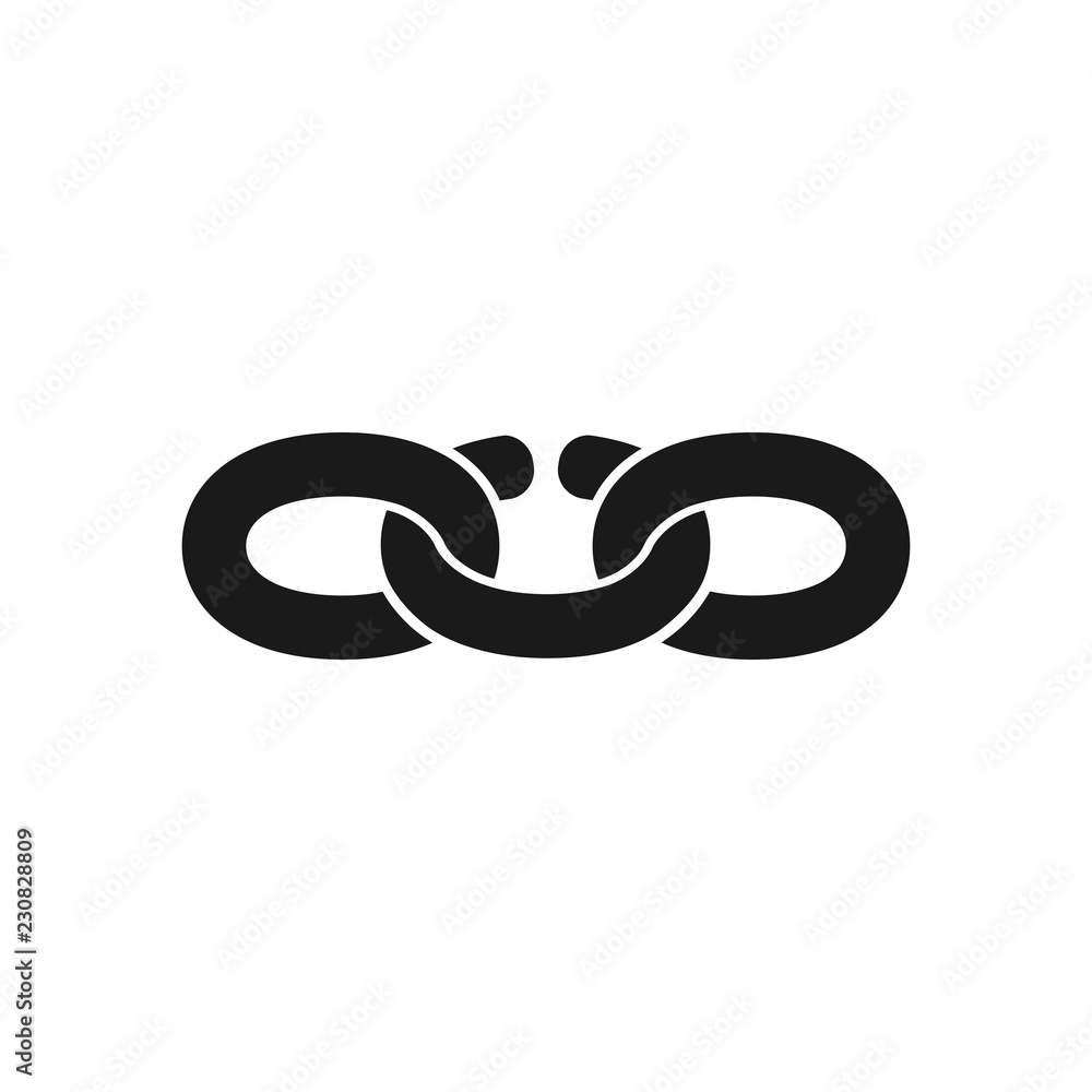 Black isolated icon of broken chain on white background. Silhouette of chain. Weak link Flat design. Black isolated icon of broken chain on white background. Silhouette of chain. Weak link Flat design.