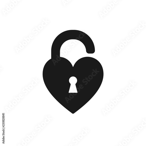 Black isolated icon of unlocked heart shape lock on white background. Silhouette of unlocked heart shape lock. Flat design