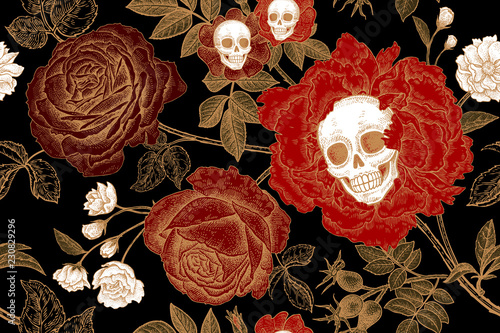 Floral seamless pattern with symbols of day dead. Skulls, blooming rose flowers and foliage.