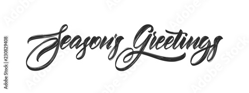 Handwritten calligraphic elegant modern brush lettering of Seasons Greetings isolated on white background.