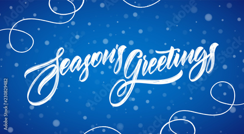 Vector illustration. Handwritten modern brush typy lettering of Season's Greetings on blue snowflakes background