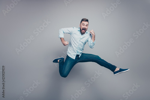 Full body size length studio photo portrait of crazy mad optimis