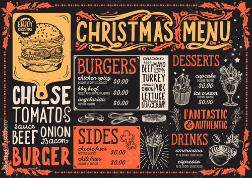 Christmas menu for burger restaurant, food template.