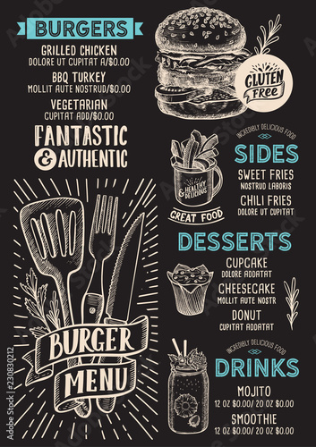Burger menu food template for restaurant with doodle hand-drawn graphic.