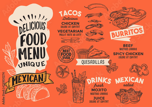 Mexican food menu template for restaurant with chefs hat lettering.