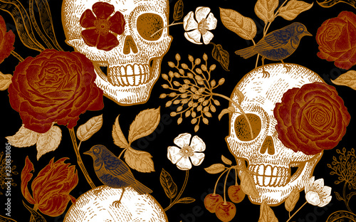 Floral seamless pattern with symbols of day dead. Skulls, rose flowers, tulips and birds.