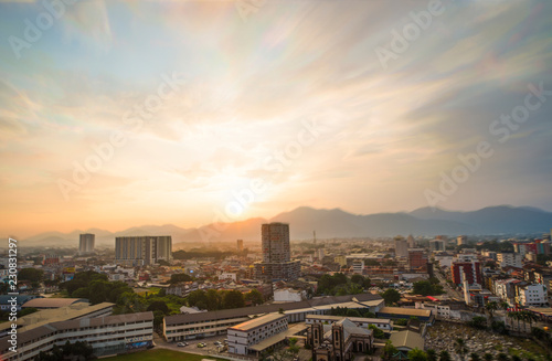 Aerial Image of Ipoh Town,Malaysia during sunset.Soft Focus,Blur due to Long Exposure.