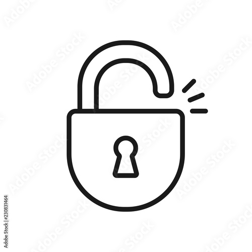 Black isolated outline icon of unlocked lock on white background. Line Icon of padlock.