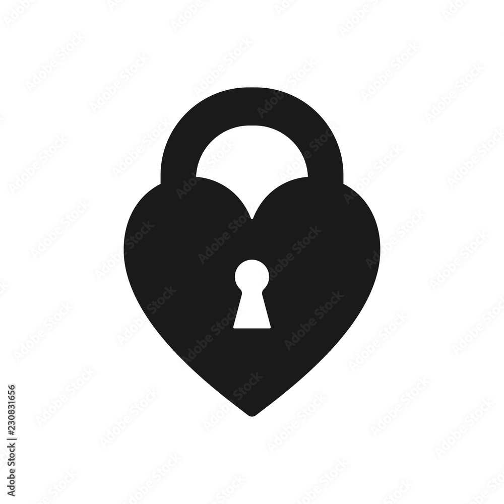 Black isolated icon of heart shape lock on white background. Silhouette of heart shape lock. Flat design. Black isolated icon of heart shape lock on white background. Silhouette of heart shape lock. Flat design.