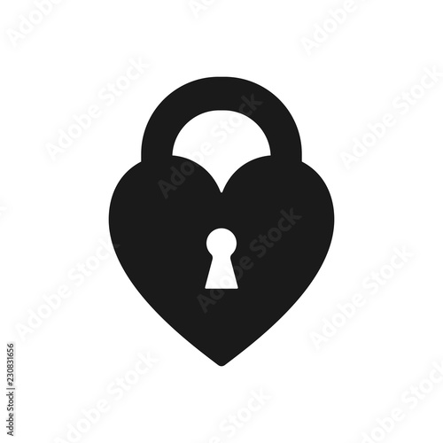 Black isolated icon of heart shape lock on white background. Silhouette of heart shape lock. Flat design.