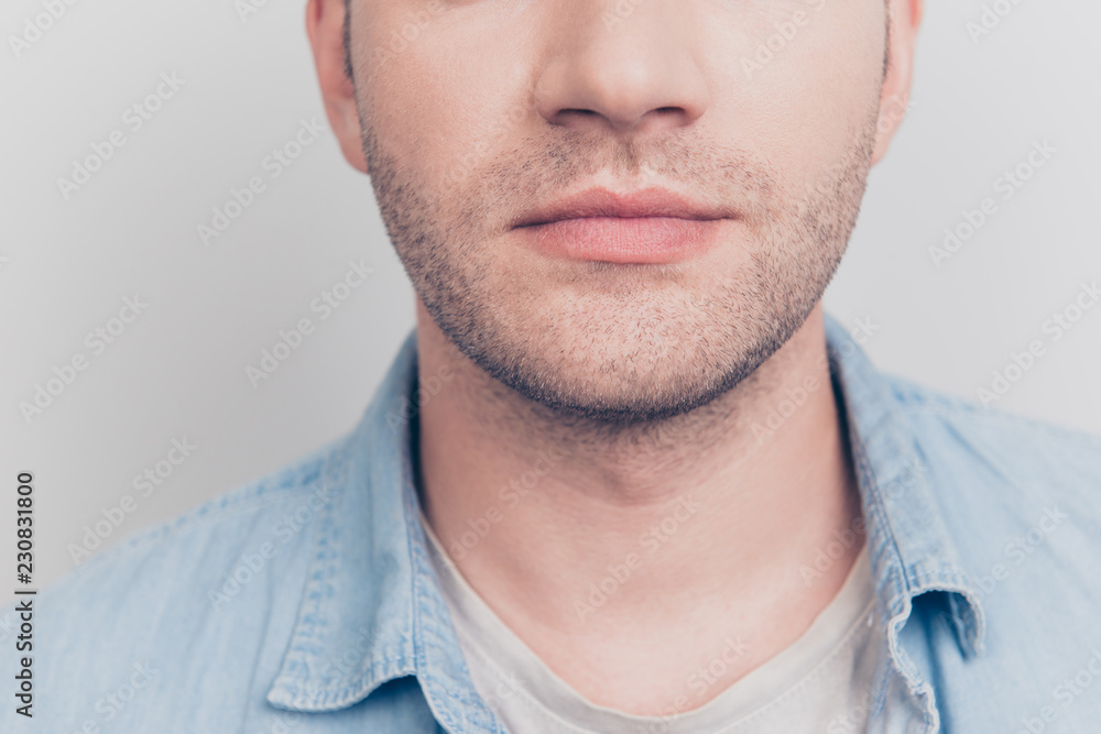 Fototapeta premium Cropped close up portrait of gentleman face isolated on light gr