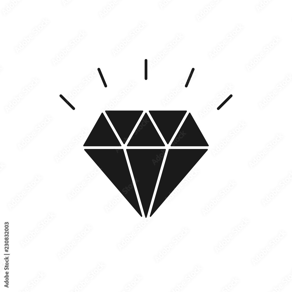 Black isolated icon of shiny diamond on white background. Silhouette of brilliant. Flat design. Black isolated icon of shiny diamond on white background. Silhouette of brilliant. Flat design.
