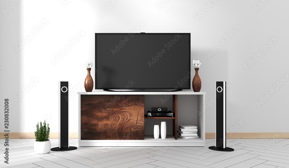 © Interior Design - Smart Tv Mockup with blank black screen hanging on the cabinet decor, modern living room zen style. 3d rendering
