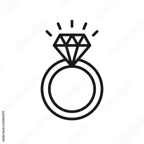 Black isolated outline icon of ring with diamond on white background. Line Icon of wedding ring.
