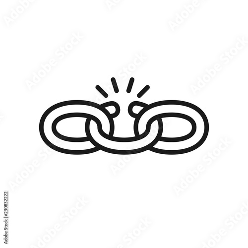Black isolated outline icon of broken chain on white background. Line Icon of chain. Weak link.