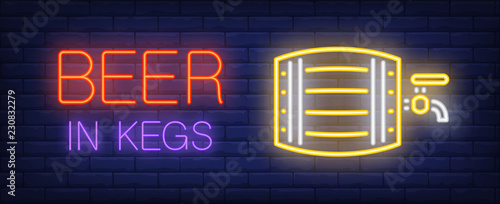 Beer in kegs neon sign. Glowing neon sign with yellow beer keg on dark blue brick background. Can be used for bars, clubs, night advertisement, shops