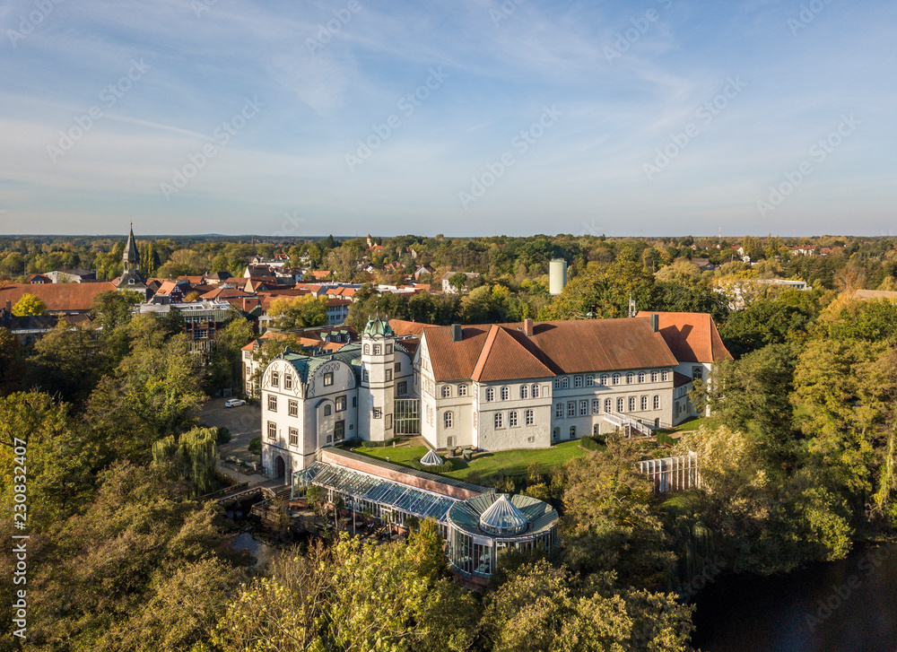Aerial view of Gifhorn Castle in autumn