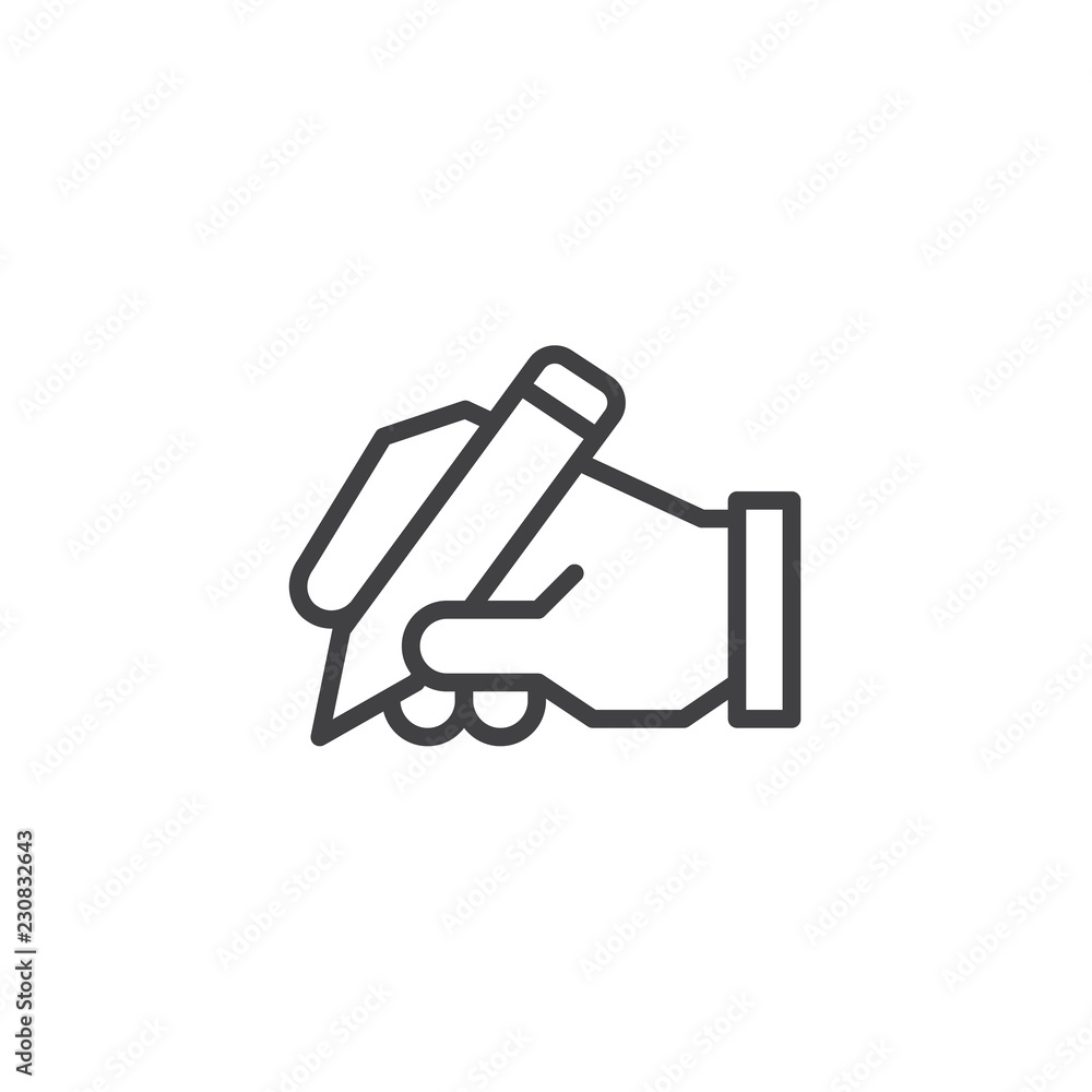 Hand writing outline icon. linear style sign for mobile concept and web design. Hand hold pen simple line vector icon. Copywriter symbol, logo illustration. Pixel perfect vector graphics - obrazy, fototapety, plakaty 