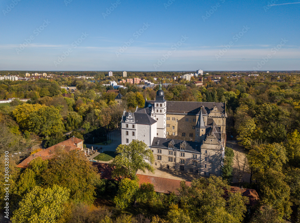 Aerial view of Wolfsburg Castle in autumn