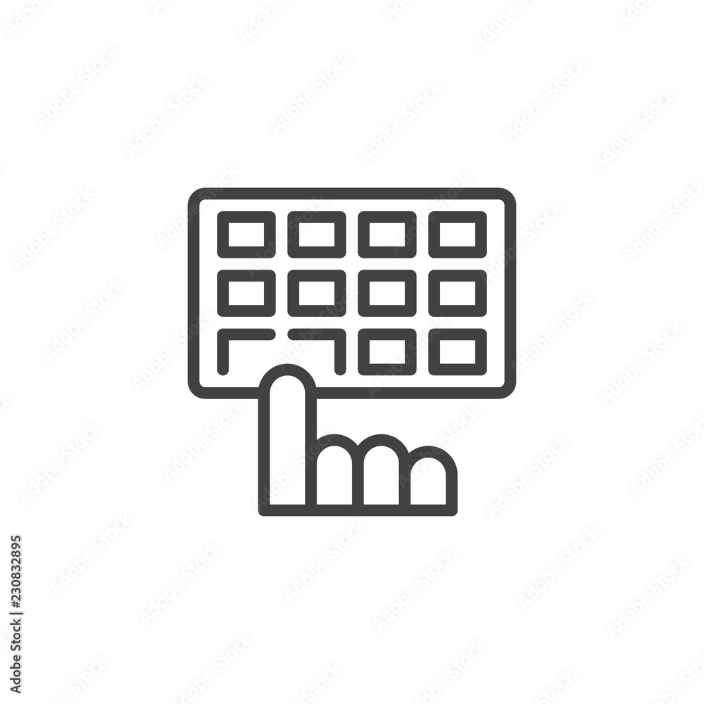 Hands typing on keyboard outline icon linear style sign for mobile concept and web design. Computer keyboard and finger simple line vector icon. Symbol logo illustration. Pixel perfect vector graphics