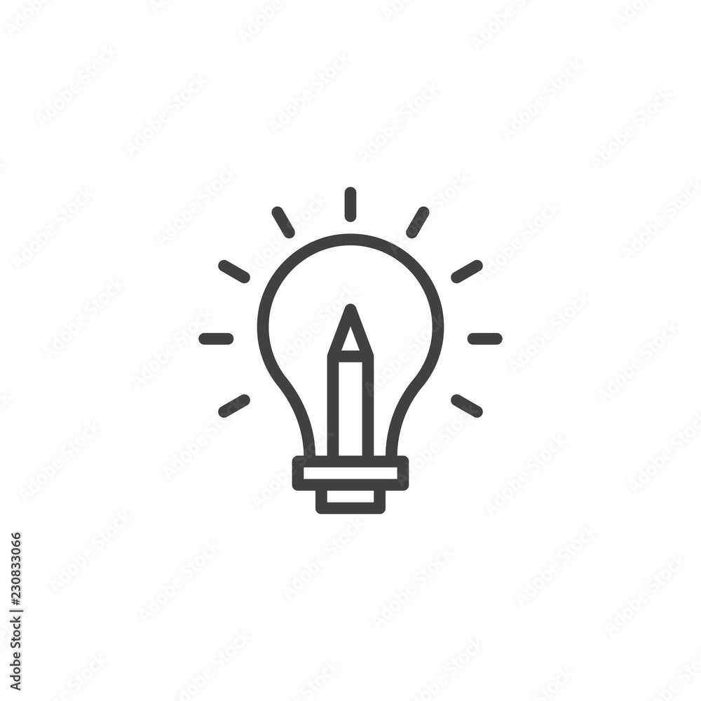 Light bulb with pencil outline icon. linear style sign for mobile concept and web design. Glowing idea lamp line vector icon. Symbol, logo illustration. Pixel perfect vector graphics Light bulb with pencil outline icon. linear style sign for mobile concept and web design. Glowing idea lamp line vector icon. Symbol, logo illustration. Pixel perfect vector graphics