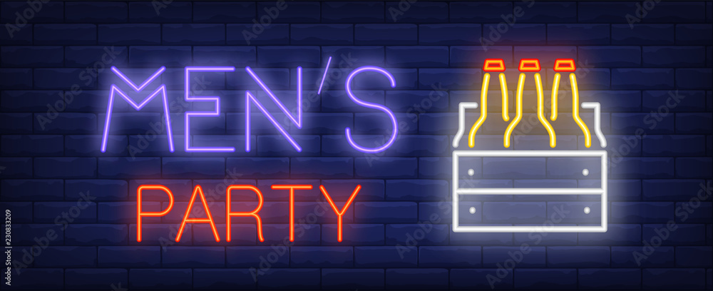 Mens party neon sign. Glowing inscription with three beer bottles in ...