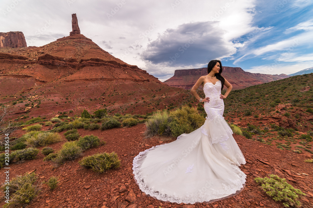 Asian/Vietnamese Bride in her wedding dress posing for wedding/engagement photo in the Utah desert near Moab.  Taken in front of Castleton Tower, Castle Valley.