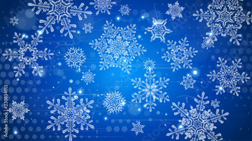Snowflakes and festive lights - vector background with beautiful snowflakes that merrily shine and shimmer in color space