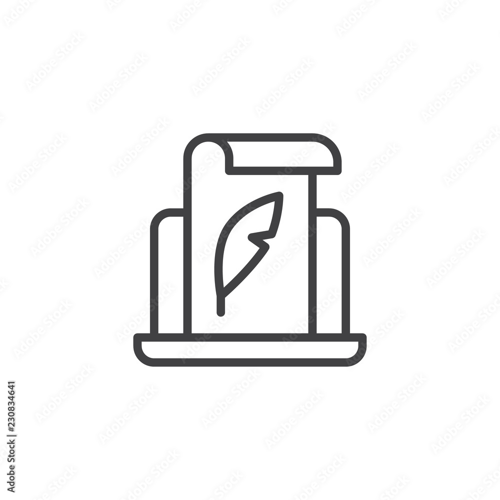 Laptop with paper scroll feather pen outline icon. linear style sign for mobile concept and web design. Copywriting simple line vector icon. Symbol, logo illustration. Pixel perfect vector graphics Laptop with paper scroll feather pen outline icon. linear style sign for mobile concept and web design. Copywriting simple line vector icon. Symbol, logo illustration. Pixel perfect vector graphics
