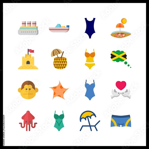16 tropical icon. Vector illustration tropical set. monkey and cruise ship icons for tropical works