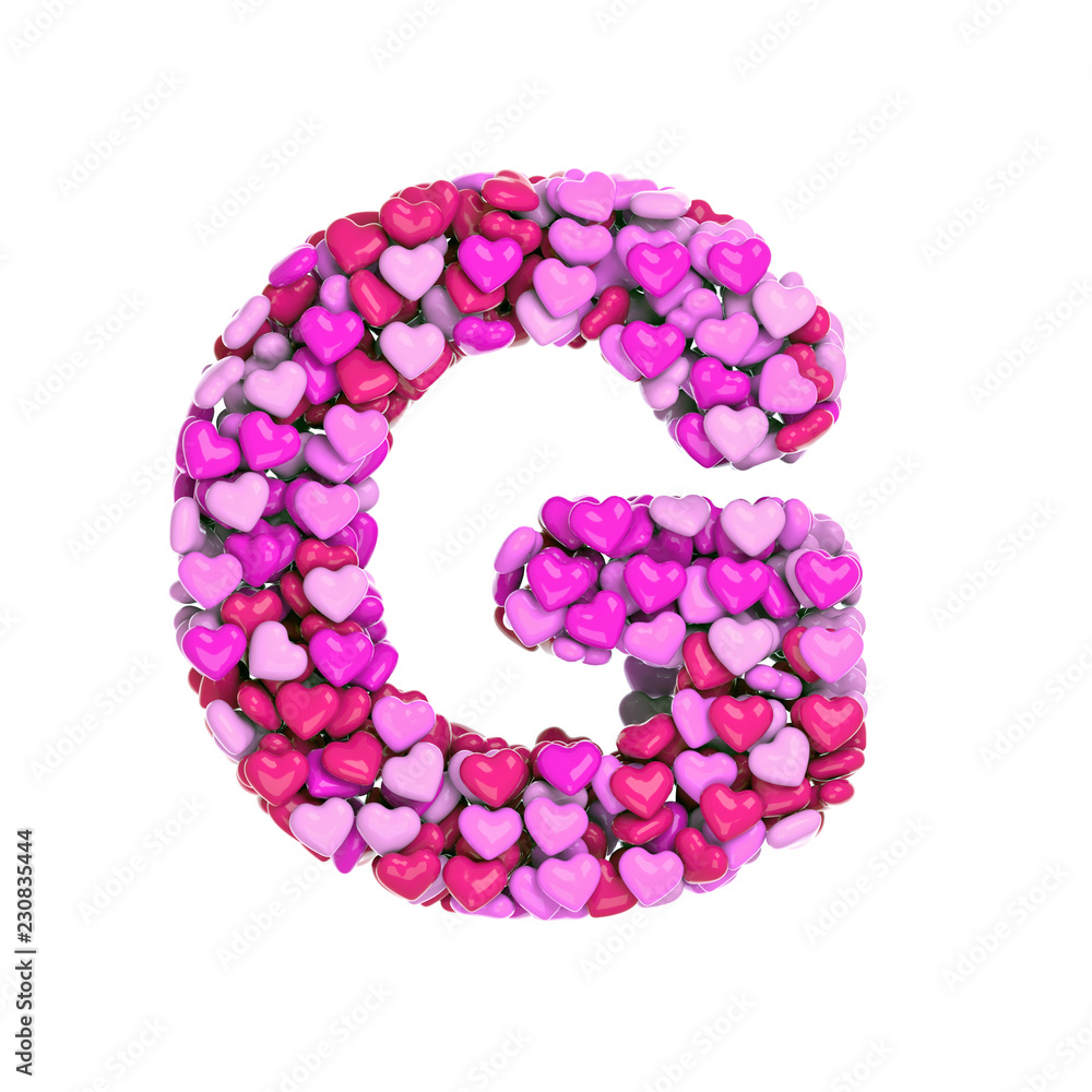 Valentine letter G - Upper-case 3d pink hearts font - Love, passion or wedding concept