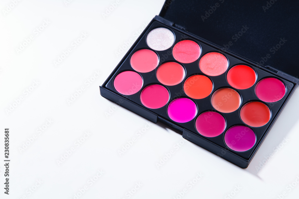 Lipstick palette with lots of colors isolated on white background. Make-up artist kit concept. Composition with copy space Lipstick palette with lots of colors isolated on white background. Make-up artist kit concept. Composition with copy space