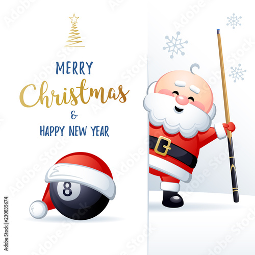 Merry Christmas and Happy New Year. Sports greeting card. Cute Santa Claus with Billiard ball and cue. Vector illustration.