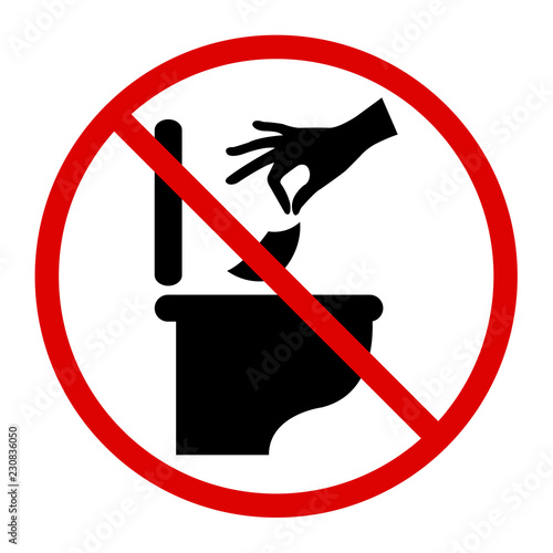 Do not litter in toilet icon. Keep clean sign. Silhouette of a man, throw garbage in a bin, in circle isolated on white background. No littering warning symbol. Public Information. Vector illustration