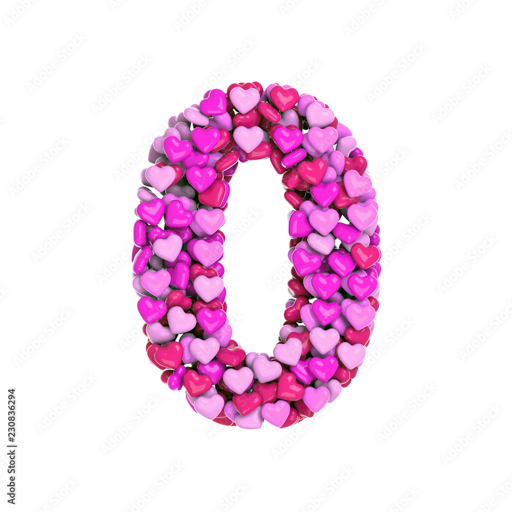 Valentine number 0 -  3d pink hearts digit - Love, passion or wedding concept