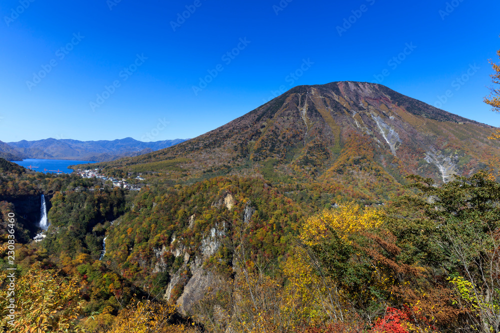 Autumnal Mt.Nantai and kegon waterfall seen from Akechidaira - Fall of Japan