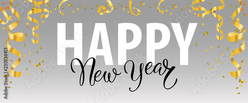 Happy New Year lettering with gold streamers. New Year Day greeting card. Handwritten and typed text, calligraphy. For leaflets, brochures, invitations, posters or banners.